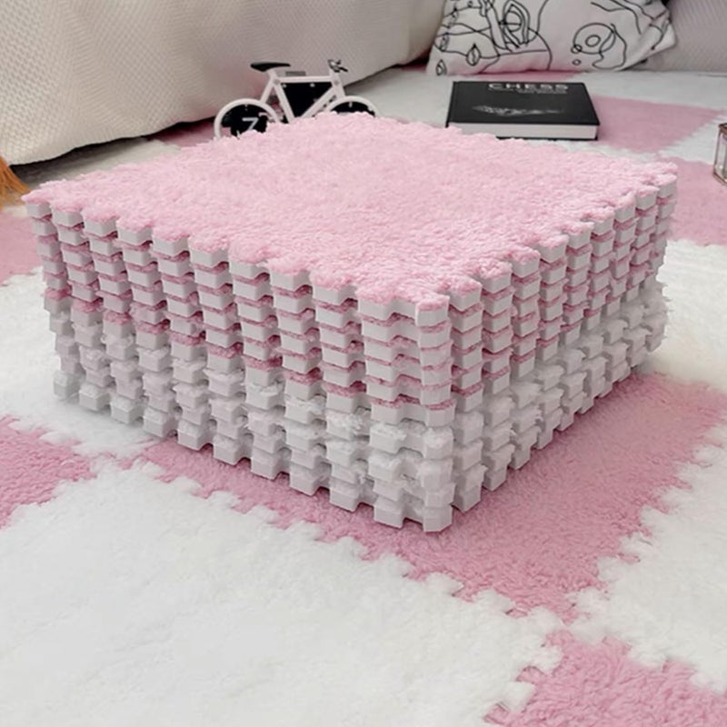 Typutomi 10pcs Plush Puzzle Foam Floor Mat, Soft Fluffy Interlocking Square Foam Tiles Area Rugs Carpet for Parlor Bedroom Decoration(11.8x11.8in, Pink & White) - Image 1